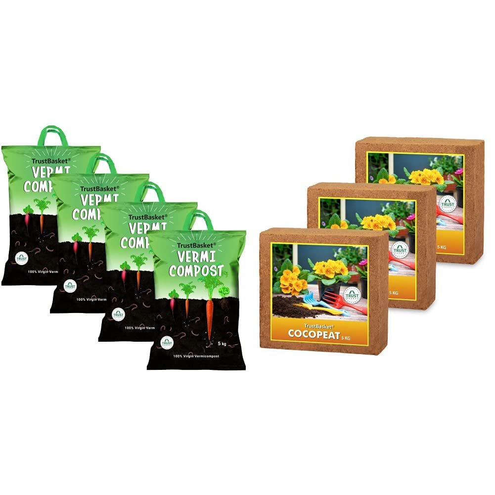 TrustBasket Organic Vermicompost Fertilizer Manure for Plants -20 kg & COCOPEAT Block - EXPANDS to 225 litres of Coco PEAT Powder (Set of Three 5kg Blocks) Combo