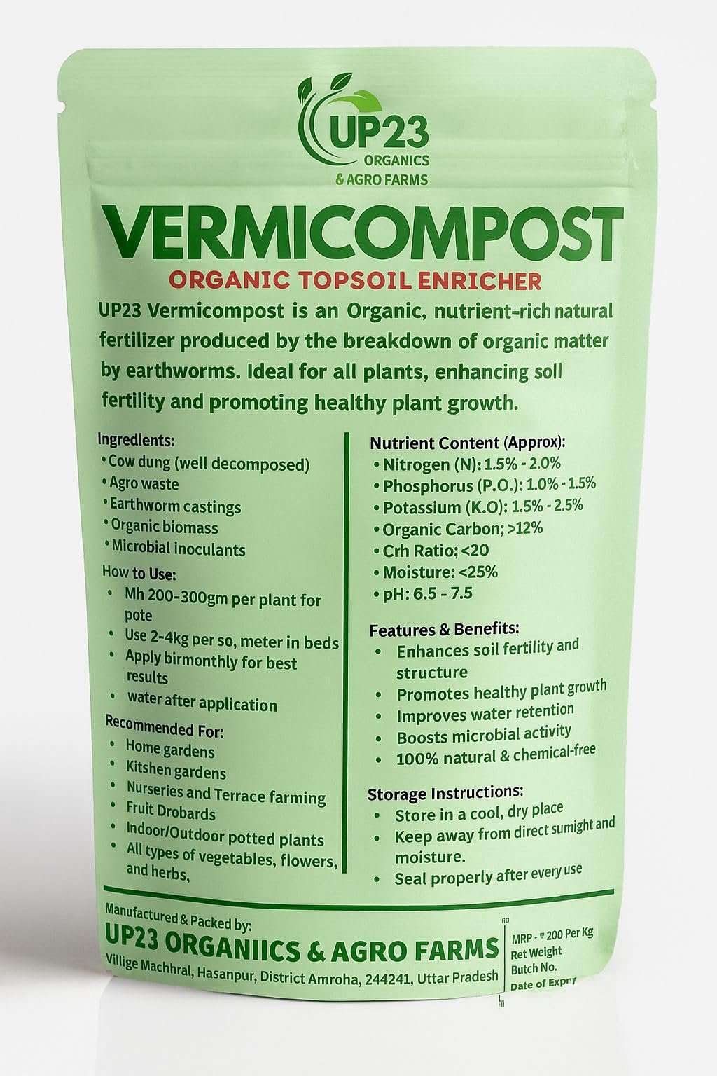 UP23 Organics Worm Castings Fertilizer | 100% Organic Vermicompost in Granular Powder Form | Natural Soil Enricher Plant Food for Indoor & Outdoor Plants, Vegetables, Herbs & Flowers (5kg) - Image 2