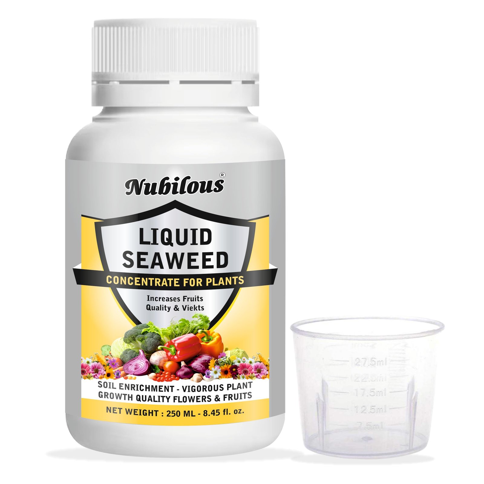 Nubilous 250 ML Liquid Seaweed Fertilizer Concentrate with Measuring Cup 25 ml for Indoor & Outdoor Plant - Growth Booster Plants Tonic For Speed Growth, Healthy Roots (250 ml (Pack of 1))