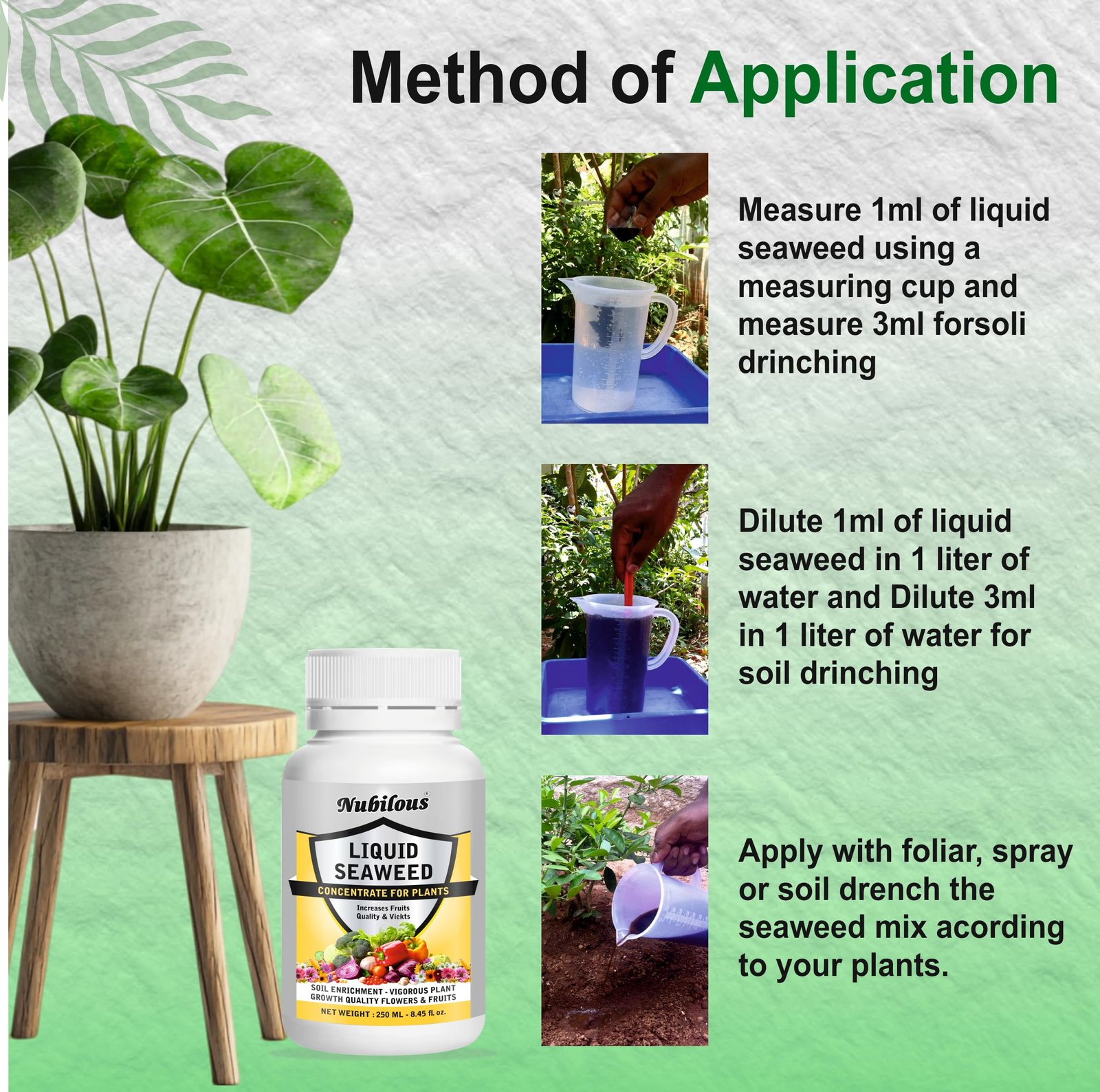 Nubilous 250 ML Liquid Seaweed Fertilizer Concentrate with Measuring Cup 25 ml for Indoor & Outdoor Plant - Growth Booster Plants Tonic For Speed Growth, Healthy Roots (250 ml (Pack of 1)) - Image 3